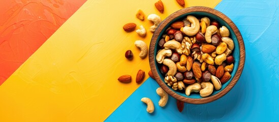 Poster - Top view of a wooden bowl on a colorful table filled with a variety of nuts like cashews, hazelnuts, walnuts, and almonds, with ample copy space in the image.