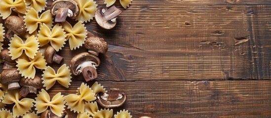 Poster - A top-down view of Farfalle pasta and mushrooms on a wooden surface, representing Italian cuisine, with empty space suitable for adding text or images. copy space available