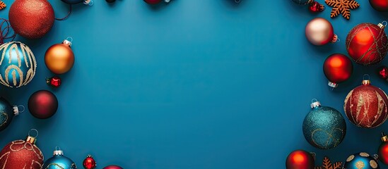 Fototapete - Beautiful Christmas balls creating a frame on a blue backdrop with a copy space image.