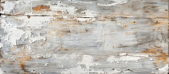 Poster - Vintage-style wooden texture on a shabby grey wall background, featuring an old cracked board with peeling paint ideal for a horizontal copy space image.