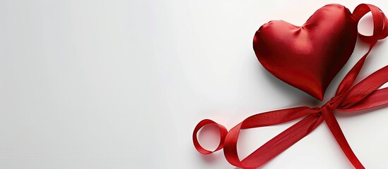 Aufkleber - Valentine heart with red satin ribbon on a white background, perfect for copy space image.