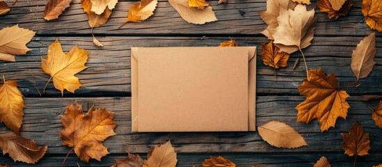 Canvas Print - Top view of a greeting card mockup set against a wooden background adorned with autumn leaves, offering ample copy space image.