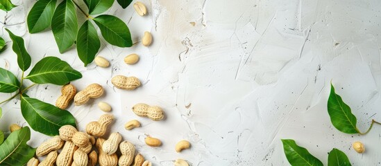 Wall Mural - White table with fresh peanuts and leaves arranged neatly, ideal for adding text in copy space image.