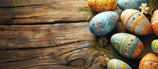 Aufkleber - Close-up view of Easter decorations with painted eggs on a wooden table with copy space image.