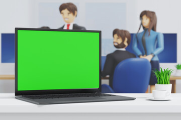 Wall Mural - laptop turn and open to show green screen close up display in office, application website presentati
