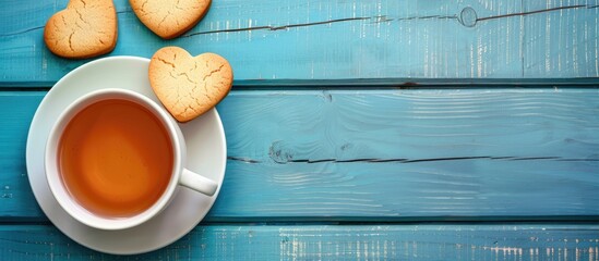 Aufkleber - Top view of heart-shaped cookies with a white cup of tea on a blue wooden surface in a copy space image.
