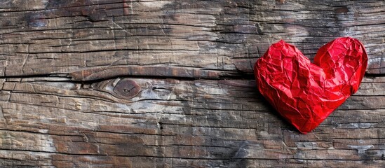 Poster - Valentine's Day theme with a red heart paper on a wooden backdrop, perfect as a copy space image.