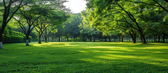 Canvas Print - During summer, a park is adorned with trees showcasing verdant leaves, providing a scenic backdrop. The setting offers a serene ambiance with abundant copy space image.