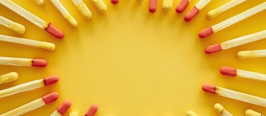 Poster - New matchsticks arranged to form a frame on a yellow background, providing space for image insertion. copy space available