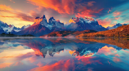 Wall Mural - A stunning mountain landscape at sunrise, with the reflection of colorful clouds in crystal-clear waters