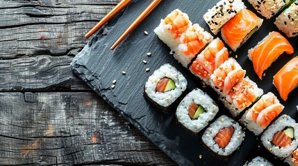 Wall Mural - Japanese sushi rolls and gunkan sushi arranged with salmon shrimp sesame and cream cheese on slate with chopsticks on dark wooden copy space background. Generative ai