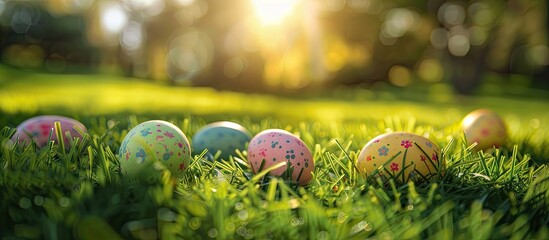 Aufkleber - Spring holidays concept with Easter eggs resting on fresh green grass, presenting a picturesque scene with copy space image.