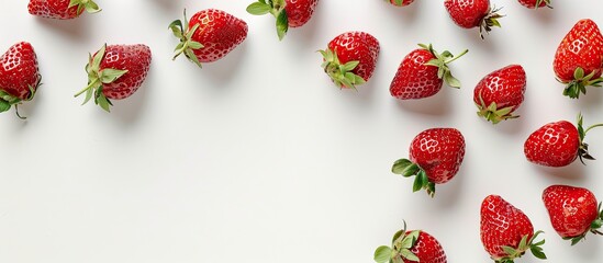 Poster - Overhead shot of strawberries on a white background with empty copy space image.