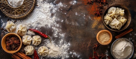 Poster - Grunge background with raw dumplings, flour, spices, and copy space image.