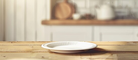 Poster - Wooden kitchen table displaying an empty white plate with copy space image.