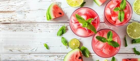 Poster - Refreshing summer beverage made with watermelon, mint, and lime on a rustic white wood surface, offering room for a message in the copy space image.