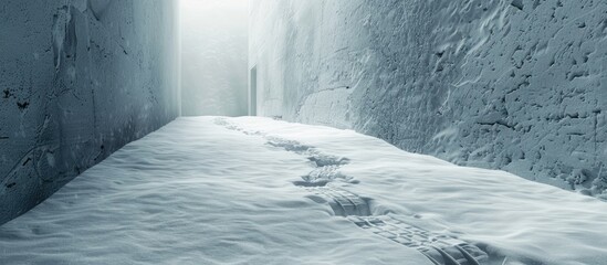 Poster - Snow-covered cellar with copy space image for an abstract minimalist snowy texture, featuring boot tracks on a snowy footpath.