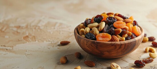 Poster - A wooden bowl full of mixed nuts, apricots, and raisins on a beige table. Ideal for a copy space image.