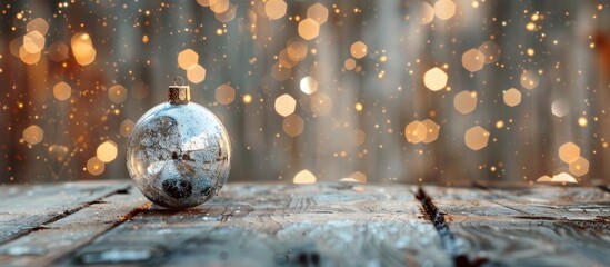 Poster - A shiny glass Christmas bauble placed on an aged wooden table with a sparkling background, featuring copy space image.