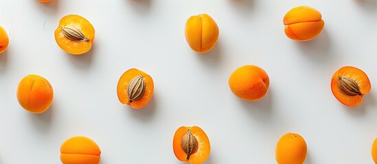 Poster - Top view of apricot fruits on white backdrop with available copy space image for text, arranged in a flat lay pattern.