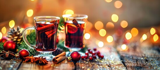 Poster - Festive ambiance with two glasses of mulled wine in a Christmas setting. Room for text in the image. copy space available