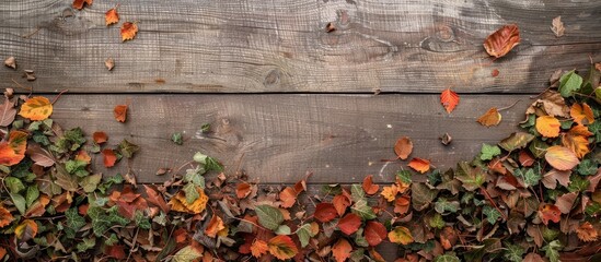 Poster - Autumn leaves showcased on a wooden backdrop with a flat view, perfect for a copy space image.