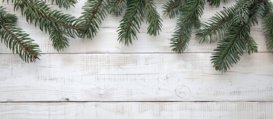 Aufkleber - Rustic white wooden board decorated with Christmas fir tree branches, ideal for featuring a copy space image.