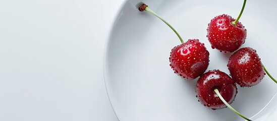 Poster - Top view of a fresh cherry with water droplets on a white plate against a white background, with a blank copy space image.