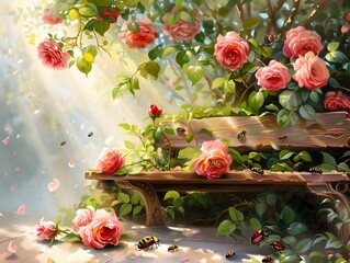 Poster - Lush Floral Scene with Pruners on Wooden Bench and Japanese Beetles Approaching Roses