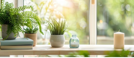 Aufkleber - Table with green houseplants, books, and aroma candles on it, set against a light background with copy space image.