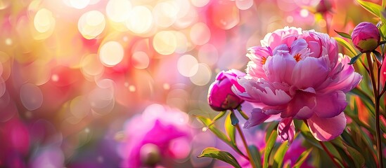 Sticker - Peony flower against colorful backdrop with copy space image.