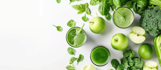 Poster - Fresh green juice and apples with copy space image on a white backdrop