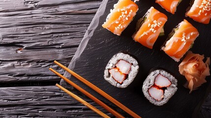 Wall Mural - Japanese sushi rolls and gunkan sushi arranged with salmon shrimp sesame and cream cheese on slate with chopsticks on dark wooden copy space background. Generative ai