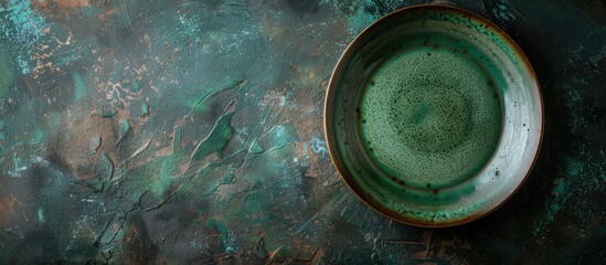 Poster - Top view of an antique green plate on a dark, textured table with copy space image. Ideal for menus or food flat lay backgrounds.
