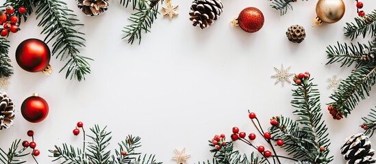 Aufkleber - A festive holiday-themed picture with a decorated Christmas tree, pine cones, and ornaments laid out on white paper, designed for top-view copy space image.