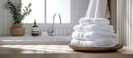Poster - A white table in a bathroom background with a copy space image featuring white towels.