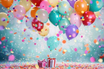 Poster - A vibrant image showcasing a joyful birthday celebration with colorful balloons, confetti, and presents. Generative AI