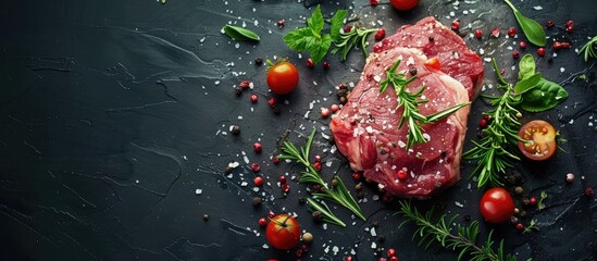 Poster - Preparing a savory steak with fresh beef adorned with spices and herbs for grilling, shown in a copy space image.