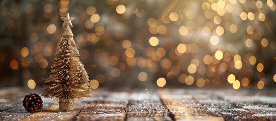 Wall Mural - Golden Christmas tree decoration on a wooden background with copy space image.