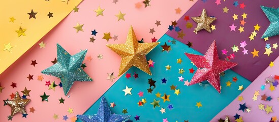 Wall Mural - Colorful stars made of glitter and golden sequins arranged on various colored paper backgrounds, creating a vibrant flat lay image with copy space.