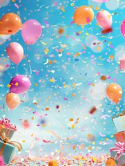Poster - A vibrant and festive birthday party scene with colorful balloons, confetti, and presents. Generative AI