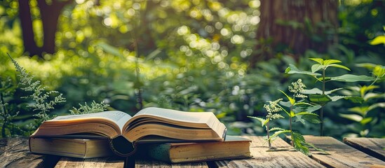 Aufkleber - Educational theme with vintage books on wooden table against green nature backdrop, featuring an open book with ample copy space image. Emphasizing back to school and research concepts.