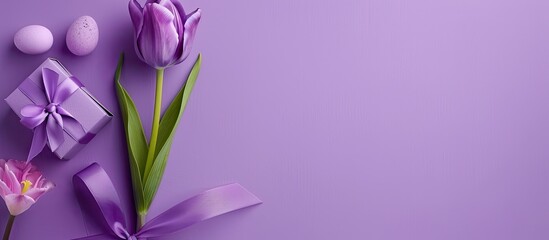 Poster - Easter-themed background with a lovely purple tulip, a gift box, and ample copy space on a purple paper backdrop.
