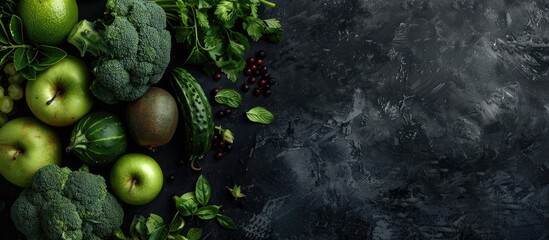 Poster - Top view of a variety of fresh green produce and fruits on a black backdrop, featuring copy space image.