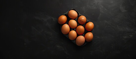 Aufkleber - Top view of fresh brown eggs on a dark background with hard shadows, creating a minimalistic and natural home product aesthetic, with empty space for additional elements in the image.