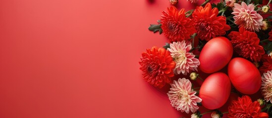 Aufkleber - Top-down view of red Easter eggs and chrysanthemum flowers with copy space image.
