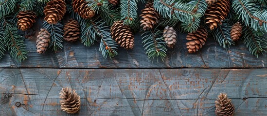 Poster - A festive display for Christmas and New Year, featuring pine cones and spruce branches on a wooden backdrop as a copy space image.