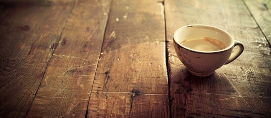 Aufkleber - An image with a vintage tone showing an empty coffee cup on a wooden table, with an unobstructed area for text or graphics. copy space available