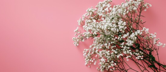 Poster - Top-down view of a white flower bouquet against a pink backdrop with space for text or images, conveying themes of love, gratitude, and celebration like Valentine's Day or birthdays