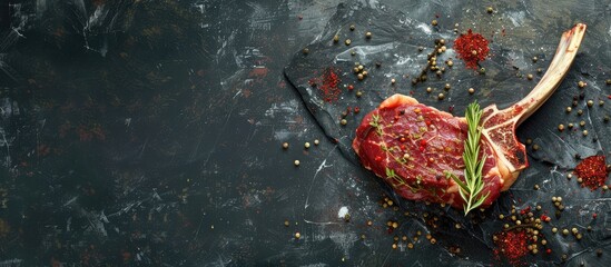 Aufkleber - Tomahawk beef steak with spices on a stone background, allowing room for text in the image. copy space available